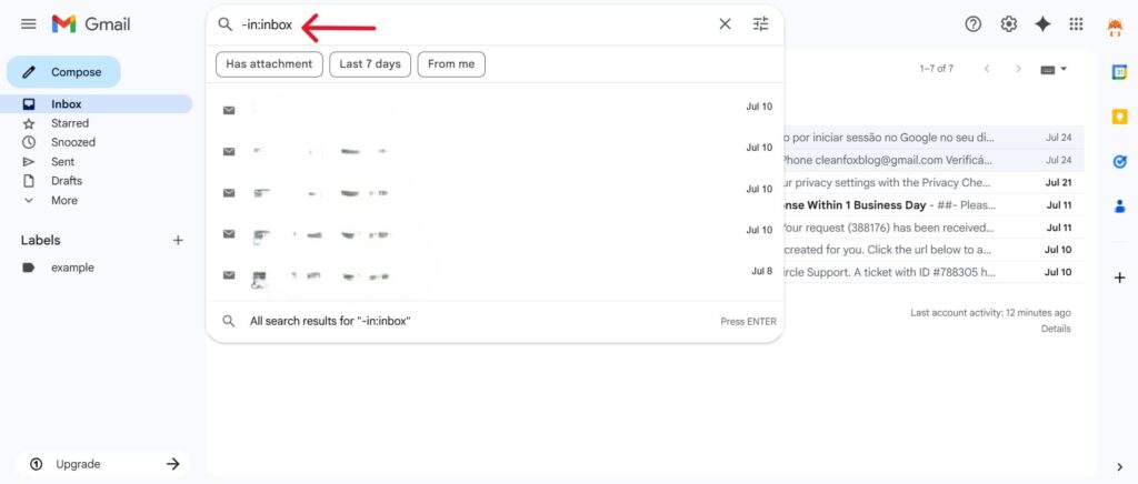 This is a screenshot of the second step to find archived emails in gmail using search bar