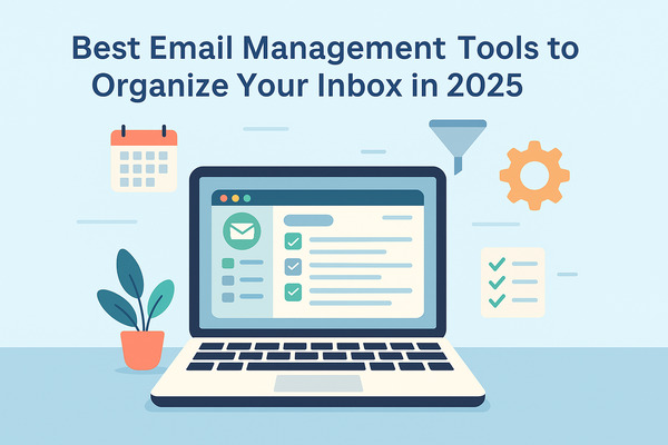 Illustration of a laptop with an organized inbox, calendar, filter, and gear icons, symbolizing the best email management tools to organize your inbox in 2025.