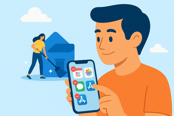 Illustration of a man holding an iPhone and deleting several apps at once, with icons showing delete marks, representing how to delete multiple apps on iPhone quickly and easily.