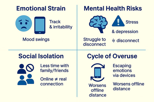 Infographic illustrating the emotional and social consequences of digital overload, highlighting anxiety, mood swings, depression risks, social isolation, and reduced offline connections.