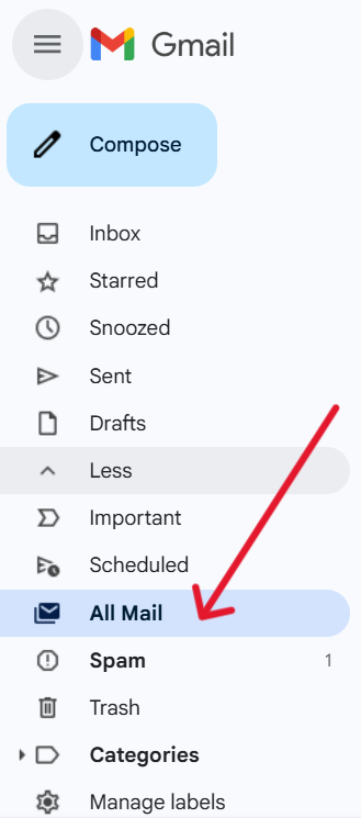 This is a screenshot of the second step in finding archived emails in Gmail using the ‘All Mail’ label.