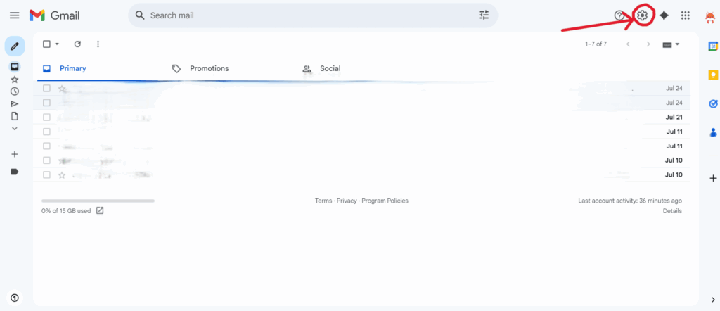 This screenshot shows the first step in finding and editing existing filters in Gmail for the article Gmail Messages Are Missing? Here’s How to Fix It.