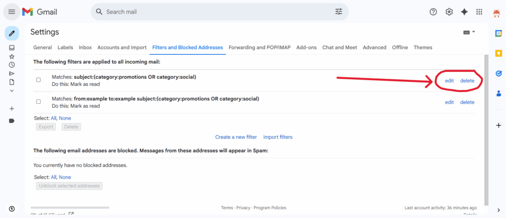 This screenshot shows the fourth step in finding and editing existing filters in Gmail for the article Gmail Messages Are Missing? Here’s How to Fix It.