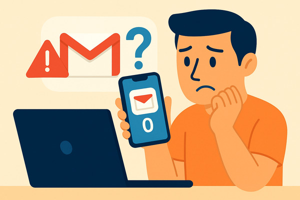Flat illustration of a worried man checking phone and laptop with Gmail logo, highlighting Gmail Messages Are Missing alert.