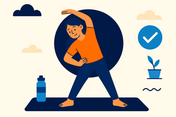 Illustration of a remote worker practicing healthy digital habits by doing stretching exercises, symbolizing balance and wellness for professionals.