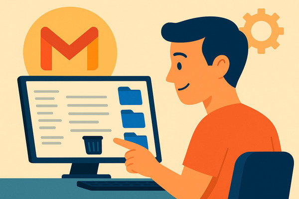 Illustration of a person sitting at a desk using Gmail on a computer, pointing to a folder being deleted into a trash bin, symbolizing how to delete folders in Gmail.