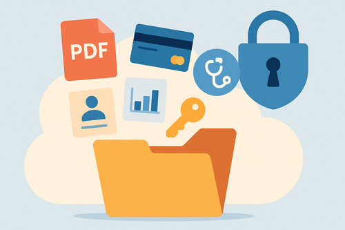 Types of Sensitive Information illustrated with a folder containing icons for a PDF, credit card, medical data, ID card, business chart, and key, with a padlock symbol representing data protection for the article: How to Securely Send Documents via Email: Step-by-Step Guide