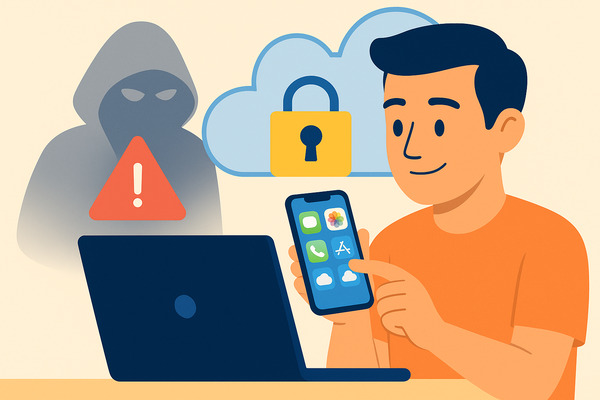 how-to-securely-send-documents-via-email This is a picture of a man using a smartphone and laptop with a cloud lock symbol in the background, while a hacker silhouette with a warning sign represents online security threats.