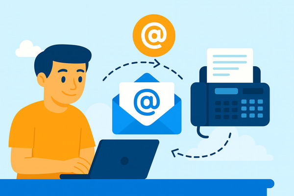 how-to-send-a-fax-using-email Flat illustration showing an email icon with an attachment being converted into a fax machine outputting paper, representing how email to fax works.