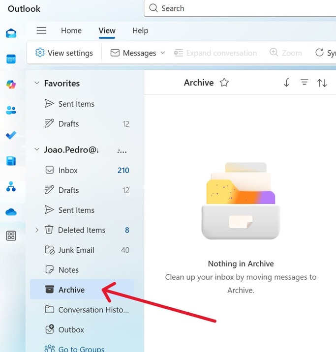 This is a screenshot showing the Archived Emails folder in the Outlook menu.