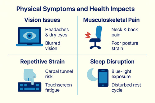 Infographic on physical symptoms and health impacts of digital device overuse, showing vision issues, musculoskeletal pain, repetitive strain injuries, and sleep disruption from blue-light exposure.