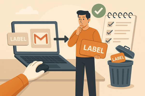 Illustration showing how to remove labels from Gmail step by step, with a user discarding Gmail labels and a cleaner inbox.