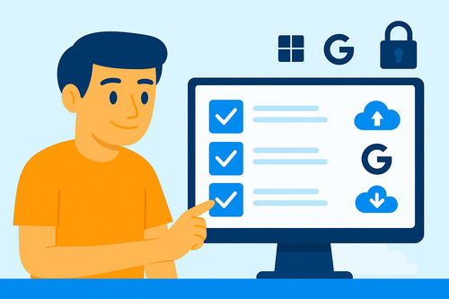 Flat illustration of a person choosing an email-to-fax service provider on a computer screen with icons for Google, Microsoft, cloud storage, and security.