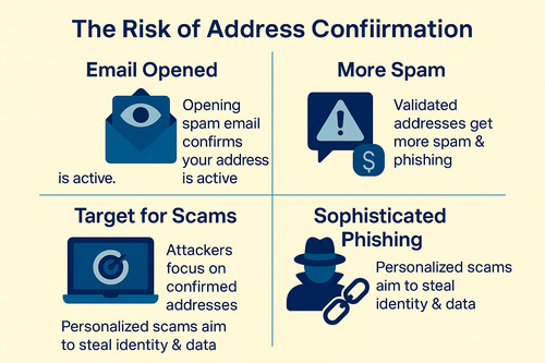 Infographic showing the risk of address confirmation when opening spam emails, explaining how confirmed addresses receive more spam, become scam targets, and face personalized phishing attacks.