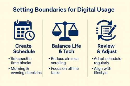 Infographic illustrating how to set boundaries for digital usage with a personalized schedule, showing time blocks for social media, email, and offline activities to promote healthier digital habits.