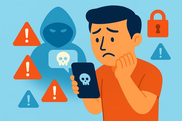 Illustration showing a worried man receiving a suspicious text message on his phone, with hacker and warning icons around, symbolizing why smishing attacks are particularly effective in 2025.