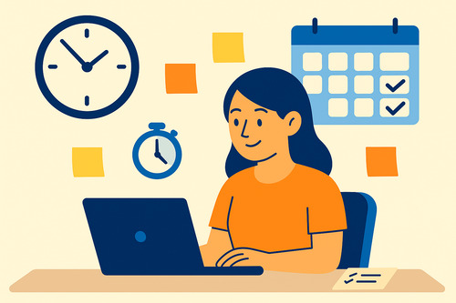 Illustration of a remote worker organizing tasks with a laptop, clock, and calendar icons, representing scheduling and time management techniques to reduce digital fatigue.