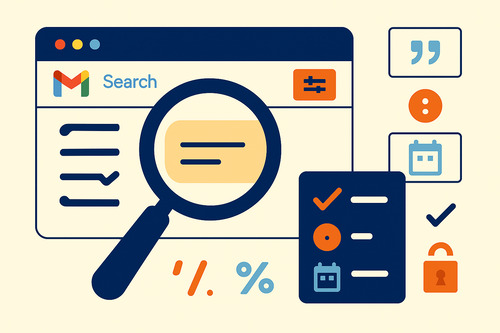Illustration of Gmail search with magnifying glass, advanced search sliders, quotation marks, and date filters to show tips for effective email searching.