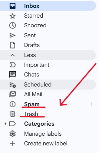 This is a screenshot of Trash and Spam in gmail for the article Gmail Messages Are Missing? Here’s How to Fix It