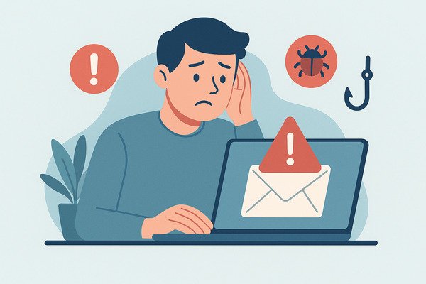 Illustration of a worried man opening a suspicious message on his laptop with warning icons, symbolizing the risks of spam and showing What Happens If You Open a Spam Email.