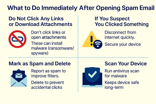Infographic on what to do immediately after opening a spam email, showing steps: avoid links and attachments, disconnect and secure device if clicked, mark as spam and delete, and scan device with antivirus to stay safe.