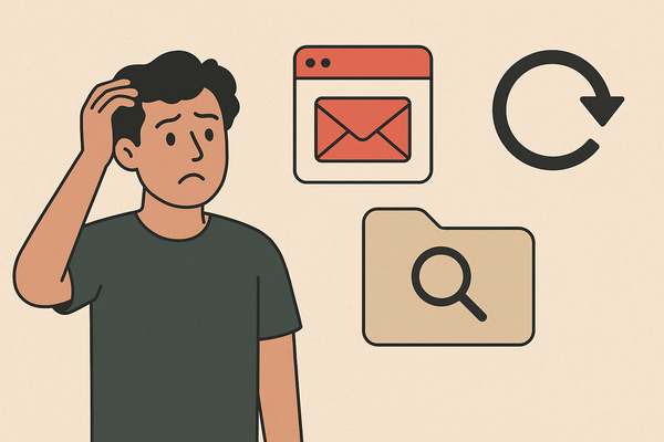 Confused man with email, folder, and search icons illustrating the question Where Are Archived Emails? and how to find them in your inbox.