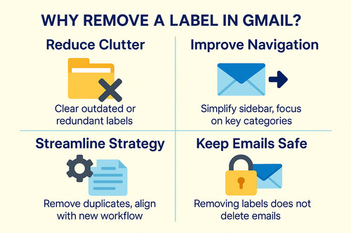 Infographic explaining why to remove a label in Gmail, showing how deleting outdated or redundant labels reduces clutter, simplifies navigation, and streamlines email organization without deleting messages.