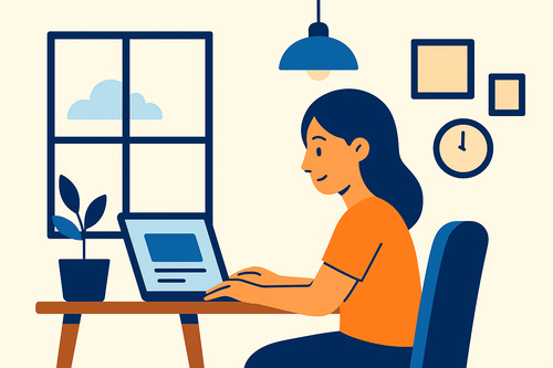 Illustration of a remote worker sitting at a clean, organized home office desk with natural light, symbolizing a dedicated workspace for focus and productivity.