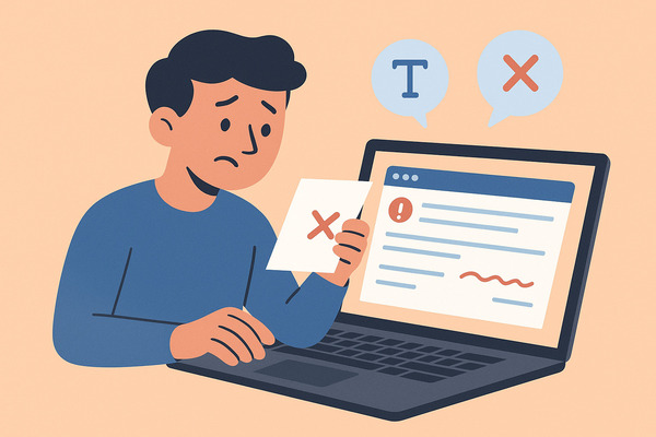 Flat illustration of a man writing an email on a laptop with visible mistakes and correction marks, representing bad email examples and how to fix them, on a warm pastel background.