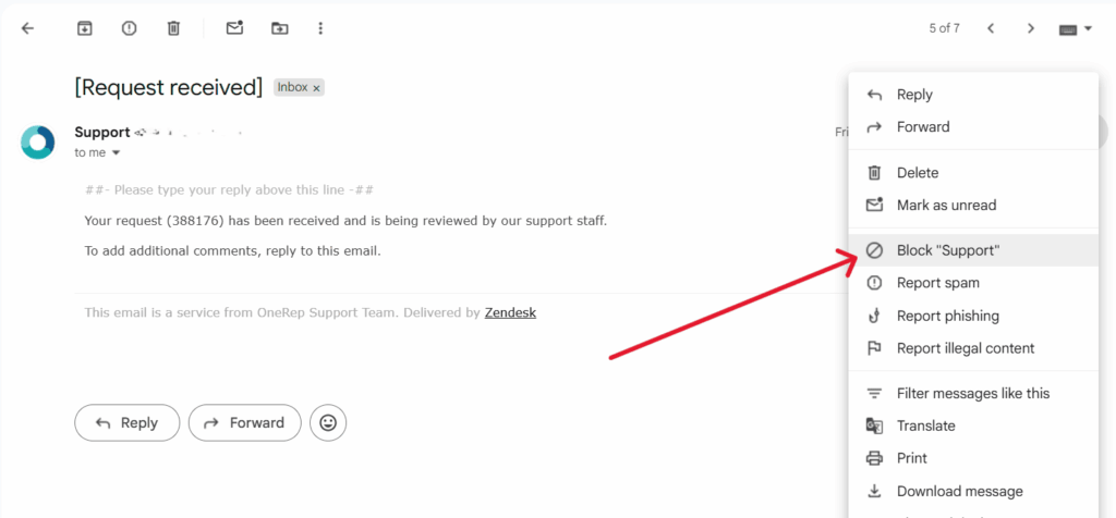 This is a screenshot of the second step on how to block emails on gmail 