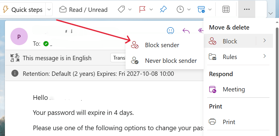This is a screenshot of the second step on how to block emails in outlook