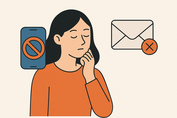 Flat minimalist illustration of a calm woman setting digital boundaries, with a muted phone icon and email icon, symbolizing focus and balanced tech use.
