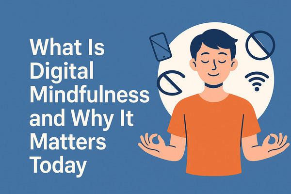 Illustration of a calm person meditating with digital icons around them, symbolizing digital mindfulness and why it matters today.