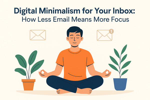 flat illustration representing Digital Minimalism for Your Inbox: How Less Email Means More Focus, showing a calm person meditating with email icons and plants around, symbolizing focus and balance in digital life.