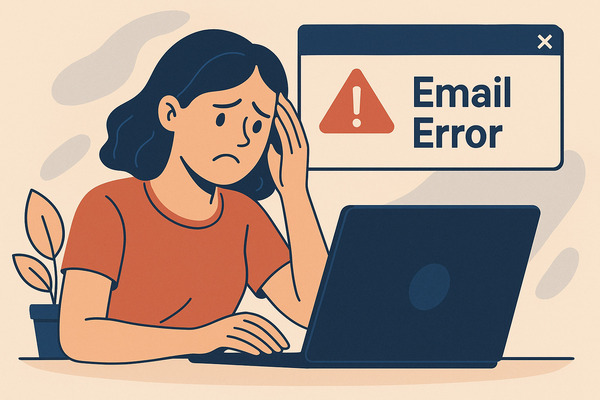 Illustration showing a frustrated person at a desk looking at a laptop with an “Email Error” message, symbolizing the article “Why My Email Stopped Working (and 10 Ways to Fix It Today)”
