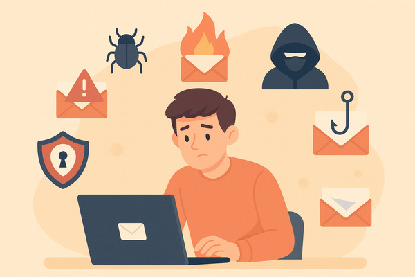 Illustration of a person using a laptop surrounded by icons representing common email threats in 2025 such as phishing, malware, and spam.