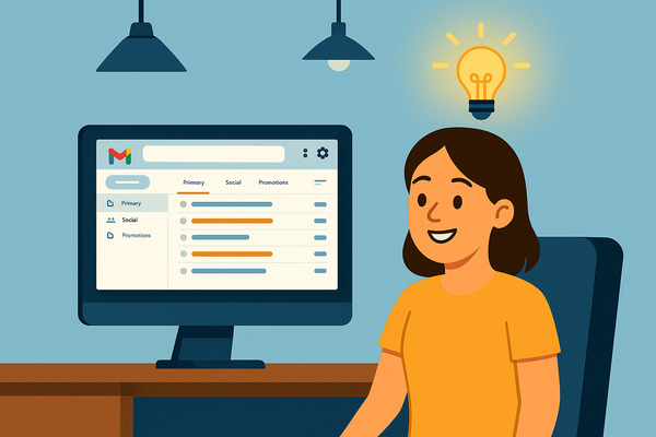 Flat illustration of a smiling woman sitting at a desk with a computer showing a Gmail inbox and a glowing light bulb above her head, symbolizing she learned how to filter unread emails.