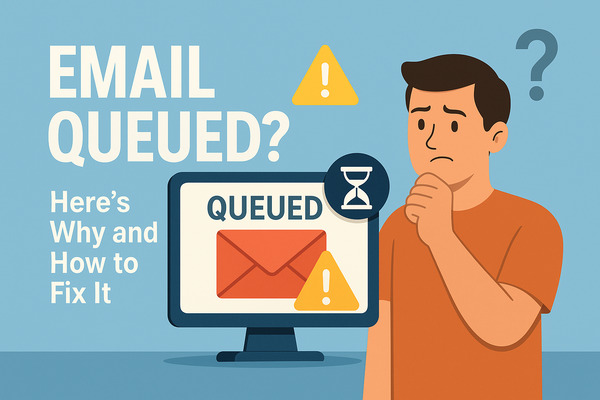 Illustration showing a worried person looking at a computer screen with a queued email message, representing the question why is my email queued.