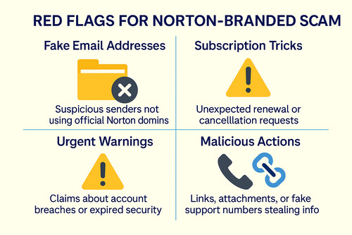 This is an image that shows how to stop Norton spam emails by recognizing red flags such as fake email addresses, subscription scams, urgent warnings, and malicious links or numbers.