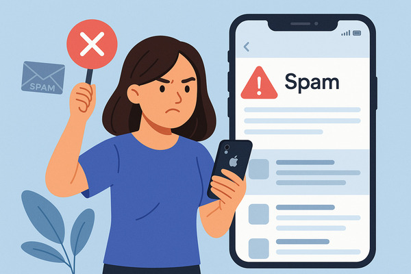 Flat illustration of a woman using an iPhone to block spam emails, symbolizing how to stop spam mail on iPhone, with security and no-spam icons in a clean blue background.