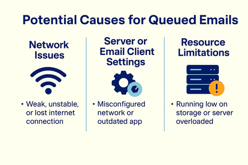 Infographic illustrating potential causes for queued emails, including network issues, incorrect server or client settings, and limited device or server resources.