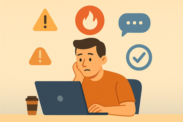 illustration of a person sitting at a desk with a laptop, staying focused and calm while avoiding digital burnout at work