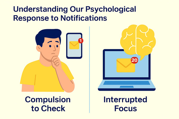 Flat infographic illustrating the psychological response to email notifications, showing a person feeling compelled to check messages on a phone and a brain icon above a laptop symbolizing interrupted focus and dopamine-driven habits.