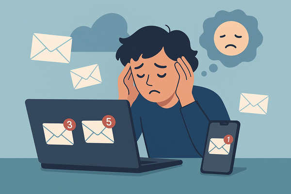 Flat illustration of a stressed person sitting at a desk surrounded by email notifications on a laptop and smartphone, symbolizing the psychology of email overload and the guilt of ignoring messages.