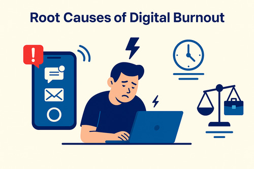 Flat illustration of a stressed person using a laptop surrounded by symbols of digital overload — notifications, a clock, and an unbalanced scale — representing the main causes of digital burnout.