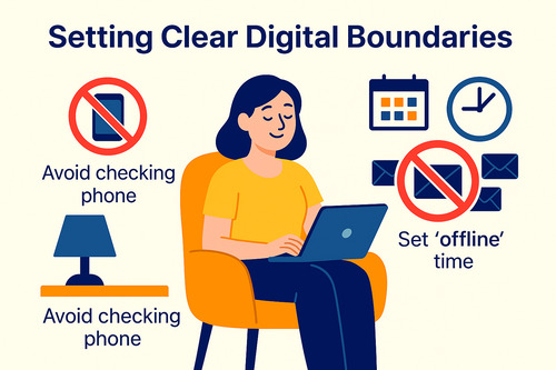 Flat illustration of a relaxed person setting digital boundaries, showing icons for turning off notifications, scheduling offline time, and avoiding phone use to promote healthy screen habits.