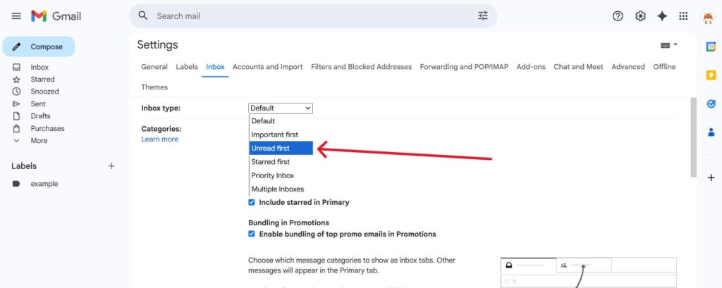 This is a screenshot of the fourth step on how to set up the "Unread First" Inbox in gmail. 