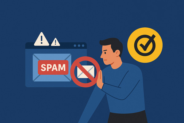 Illustration of a man blocking Norton spam emails with a shield symbol, showing a spam envelope and Norton security logo on a blue background.