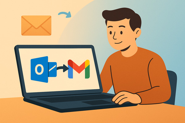 illustration of a person transferring emails from Outlook to Gmail on a laptop, representing how to move emails between accounts in 2025