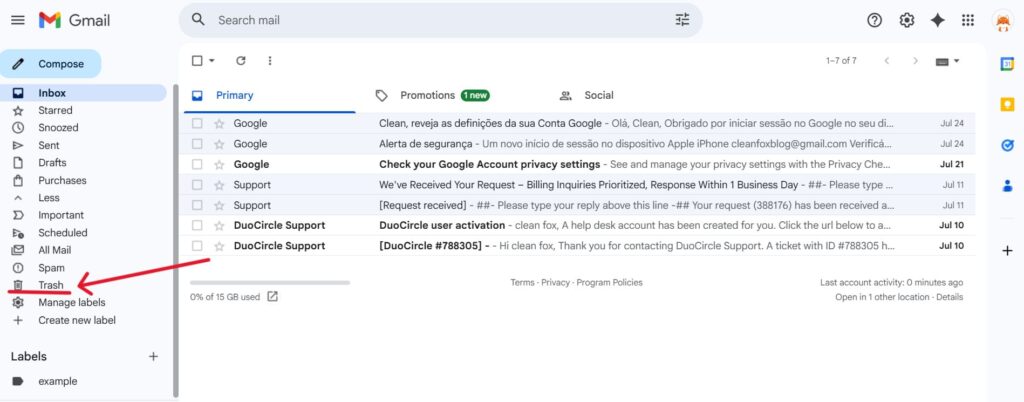 This is a screenshot of the trash folder in gmail for the article How to Find Lost Emails in Gmail and Outlook